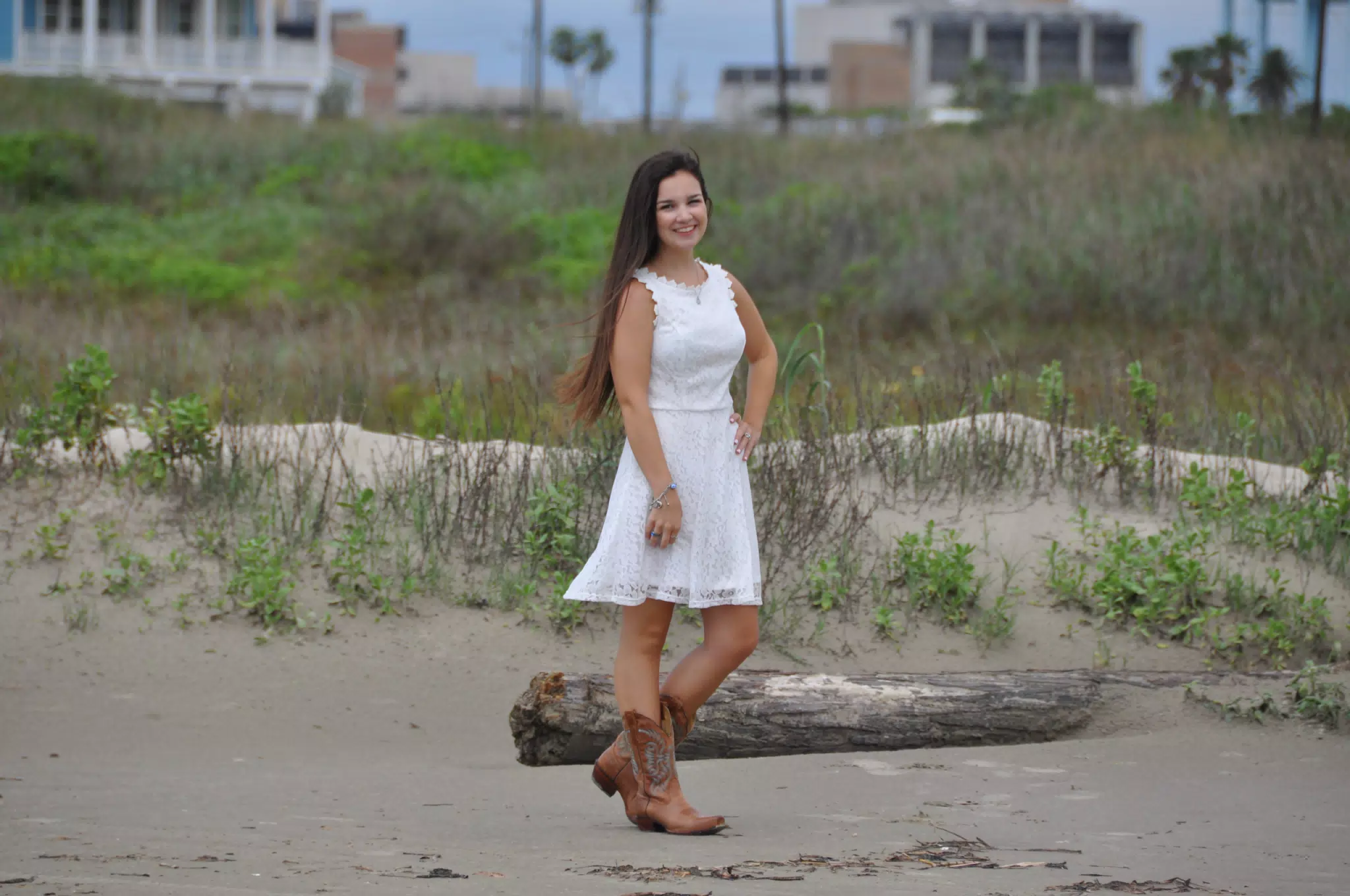 Emily in White Dress on Galveston Beach, Texas