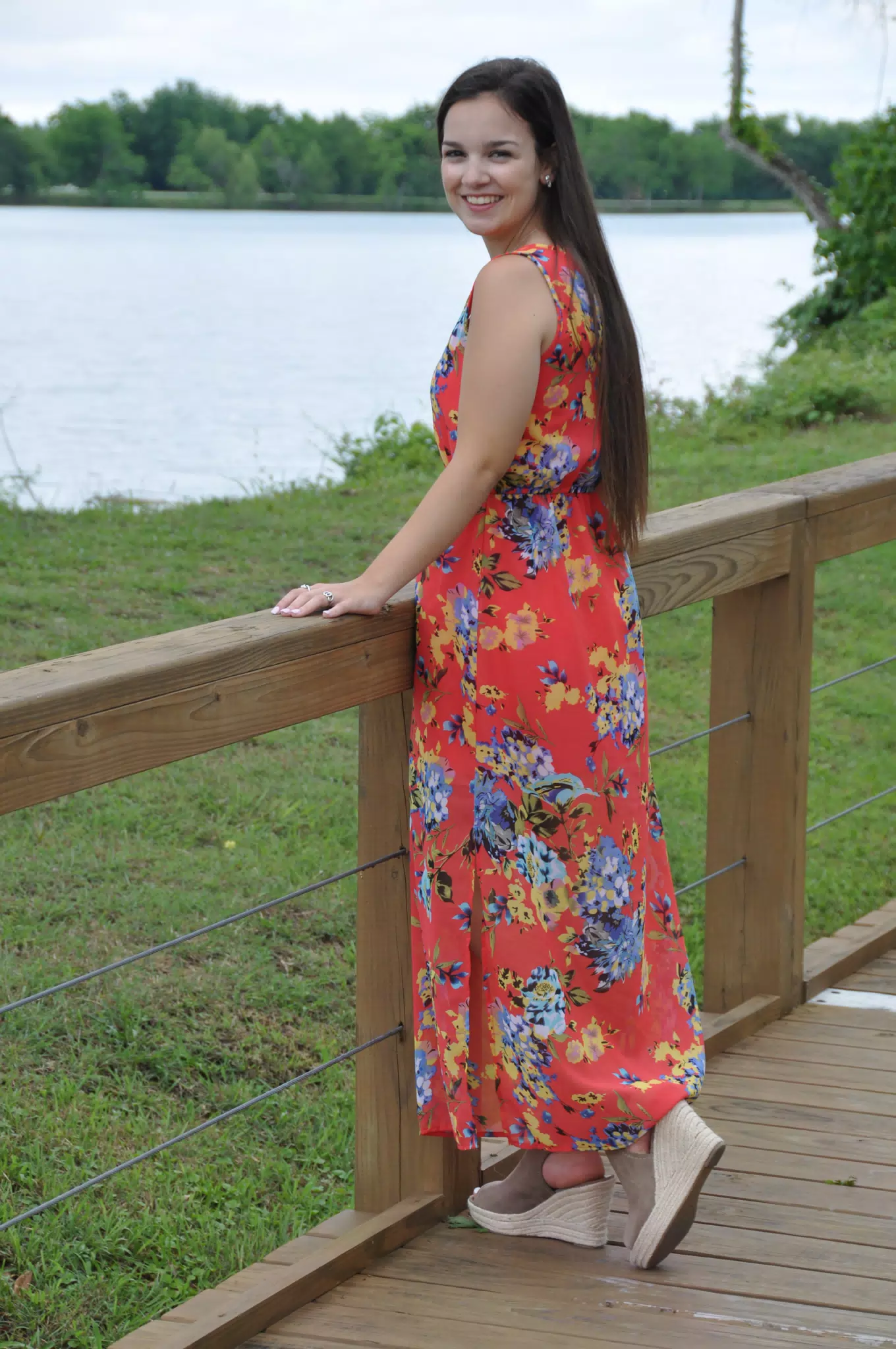 Teen Model in Red Dress and Wedges on Boardwalk