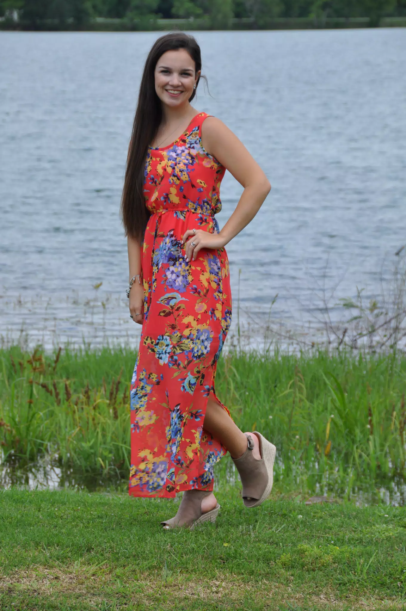 Girl in Red Dress and Wedges by Lake