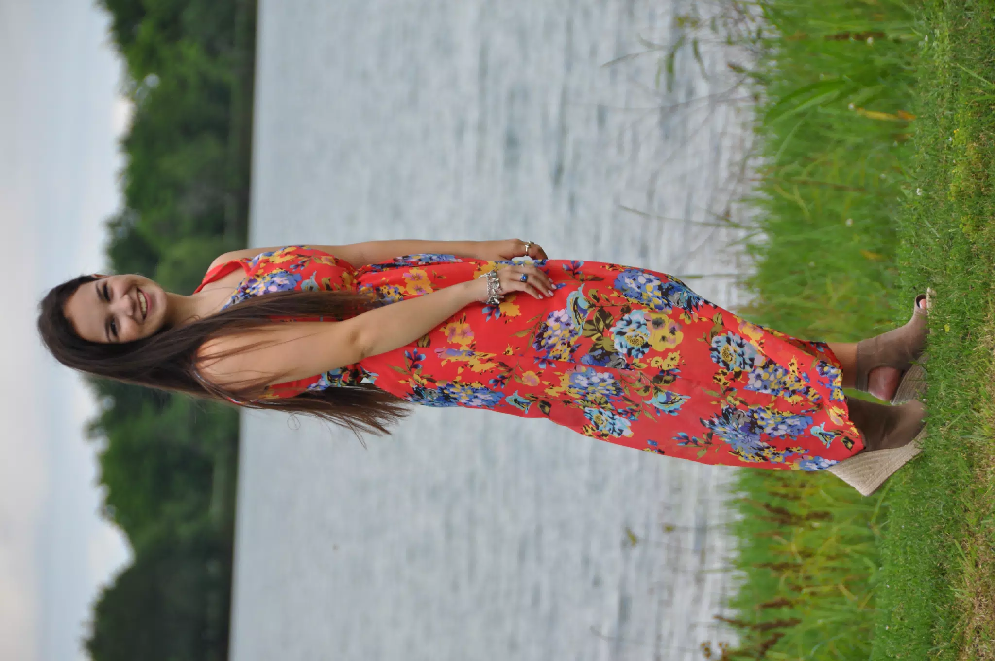 Brunette Teen Model in Red Dress by Pond in Texas