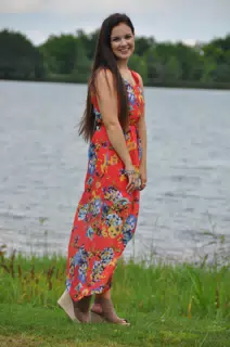 Brunette Teen Model in Red Dress by Pond in Texas