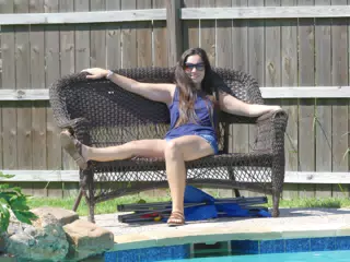 Emily on Bench by Pool in Houston