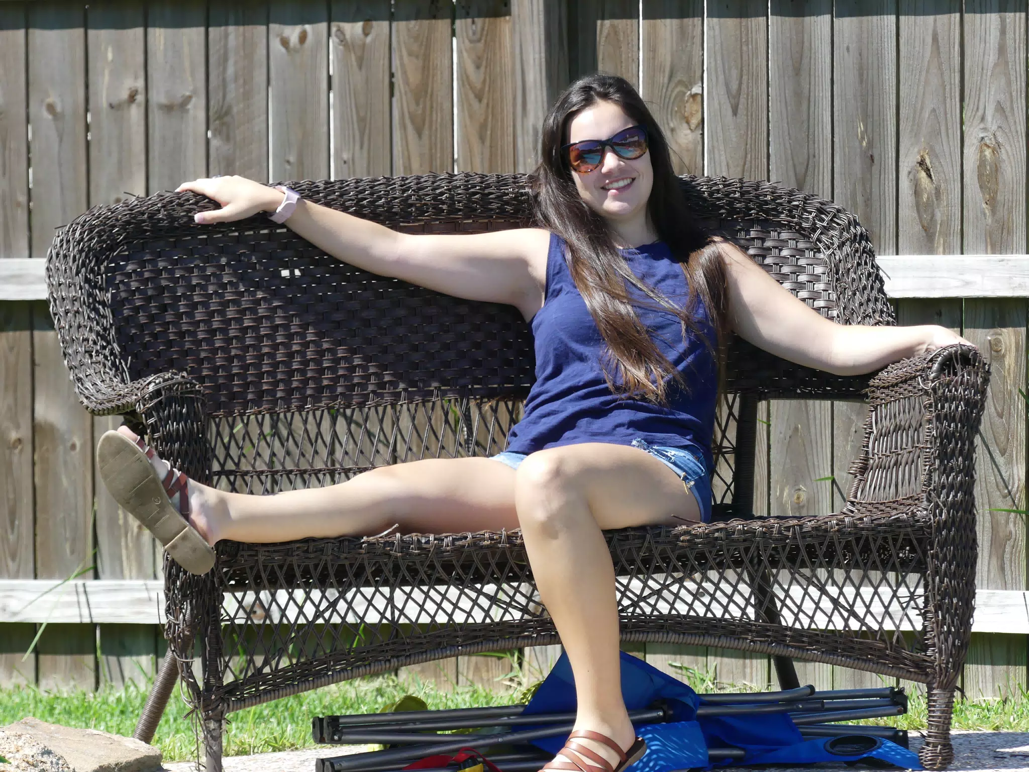 Emily on Bench Outside by Pool