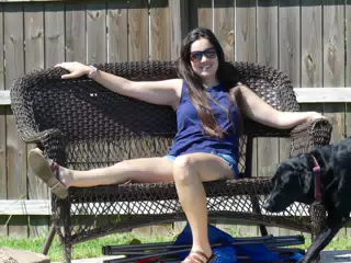 Emily on Bench with Holly the Dog