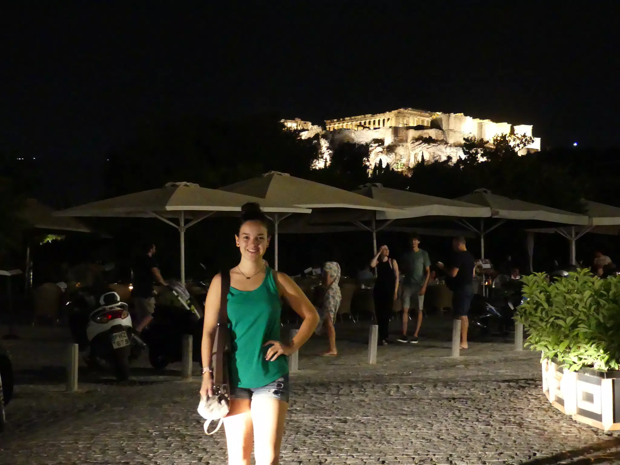 Emily at Night Below the Acropolis in Athens
