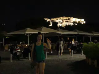 Emily Below the Acropolis at Night in Athens