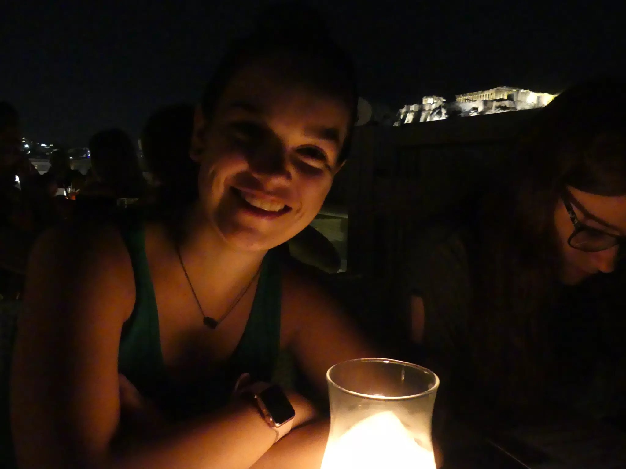 Emily in Front of the Parthenon at Night