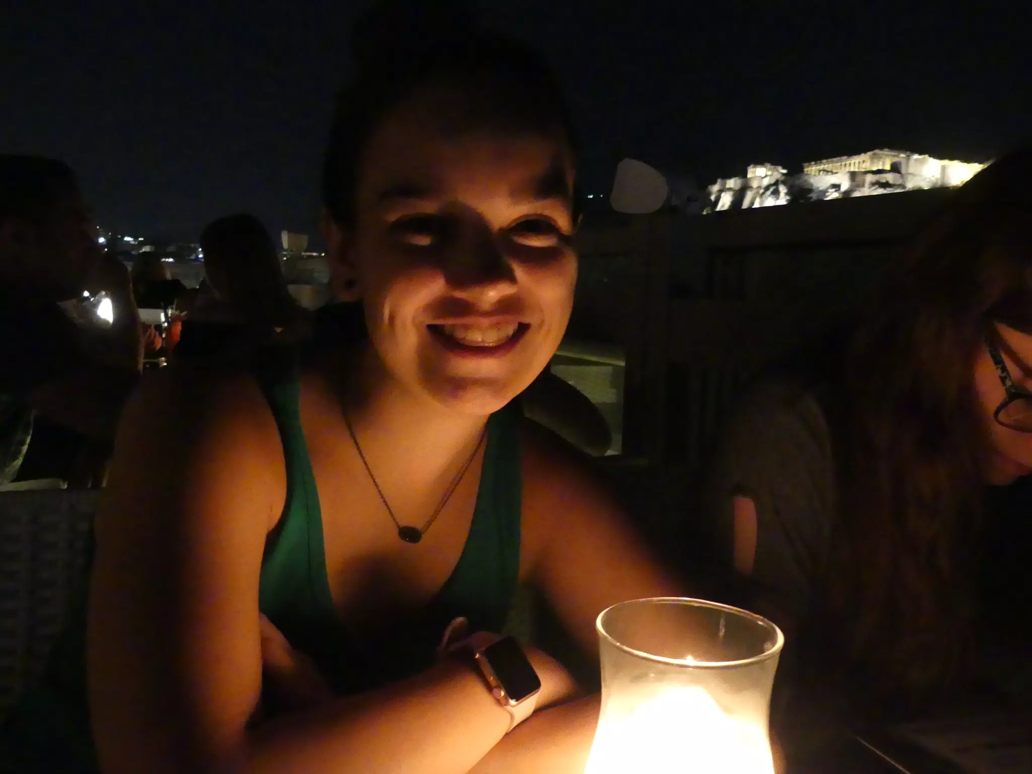 Emily in Front of the Parthenon at Night