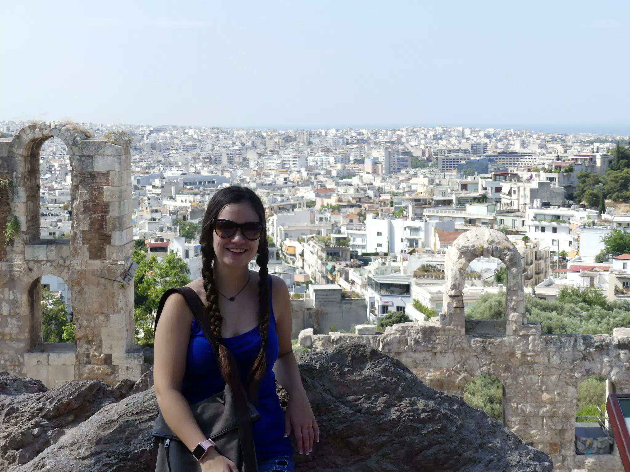 GIrl in Sunglasses on Acropolis over Athens