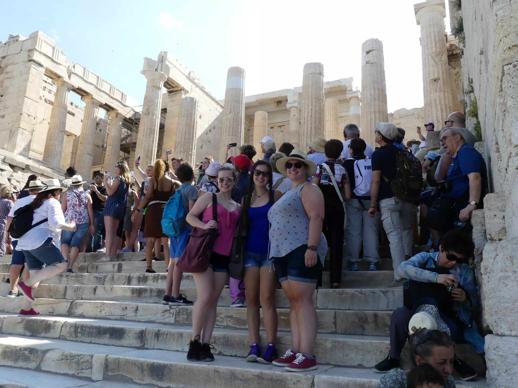 Madeline, Emily, and Dominica on the Steps of the Acropolis
