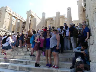 Madeline, Emily, and Dominica on the Steps of the Acropolis