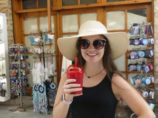Emily with Slurpee in Athens