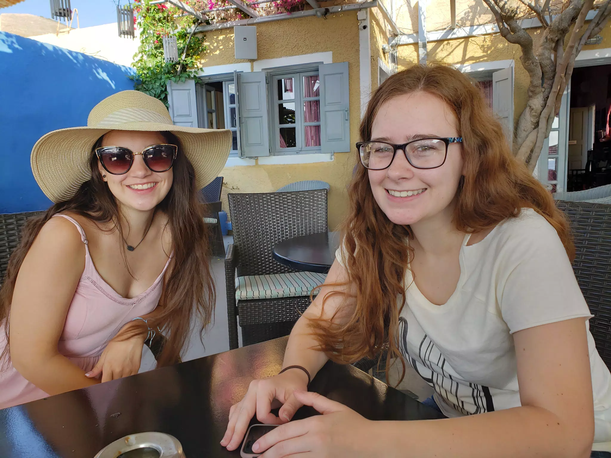 Madeline and Emily at Breakfast in Kamari, Santorini