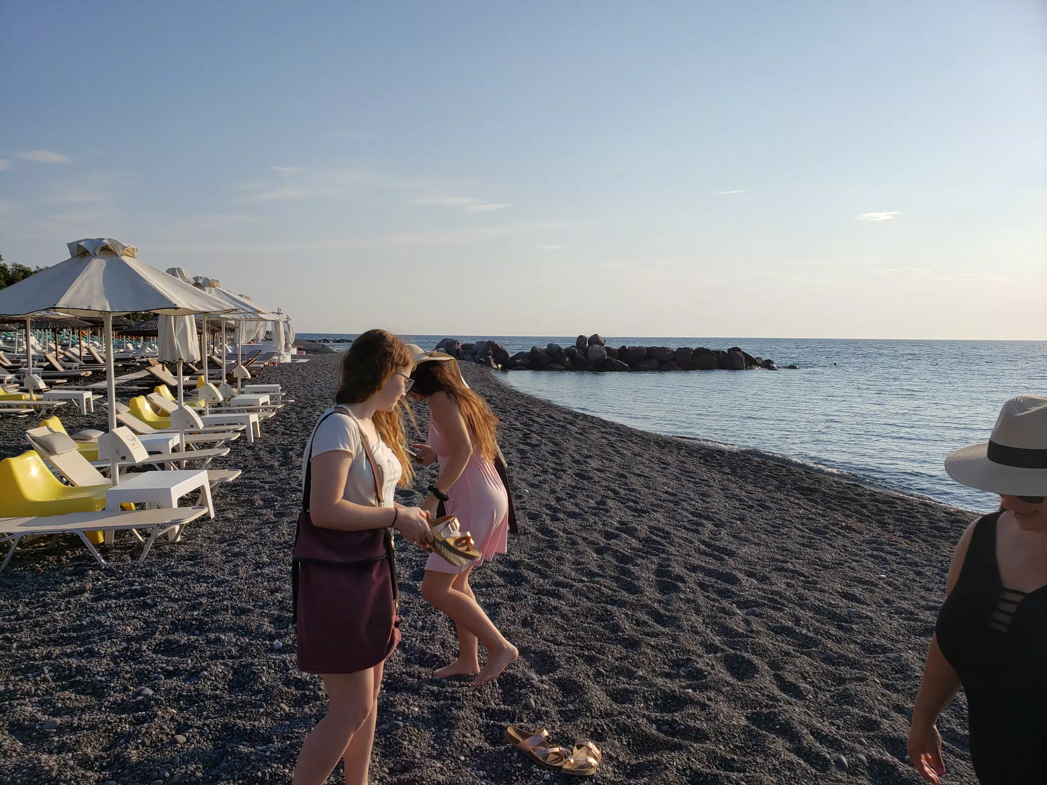 Setting Up on the Beach in Kamari, Santorini