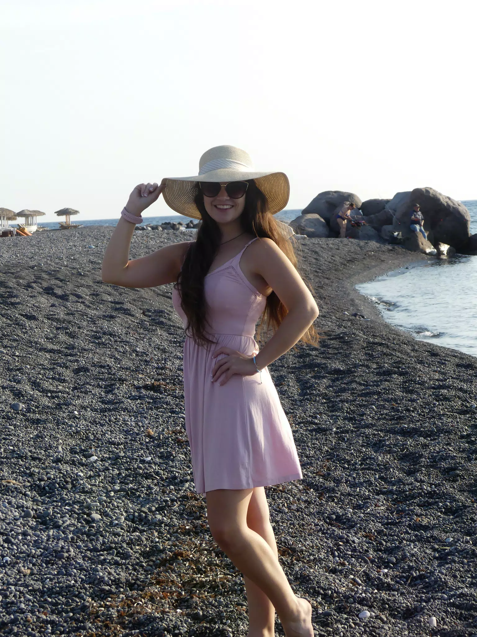 Emily with Hat on Kamari Beach