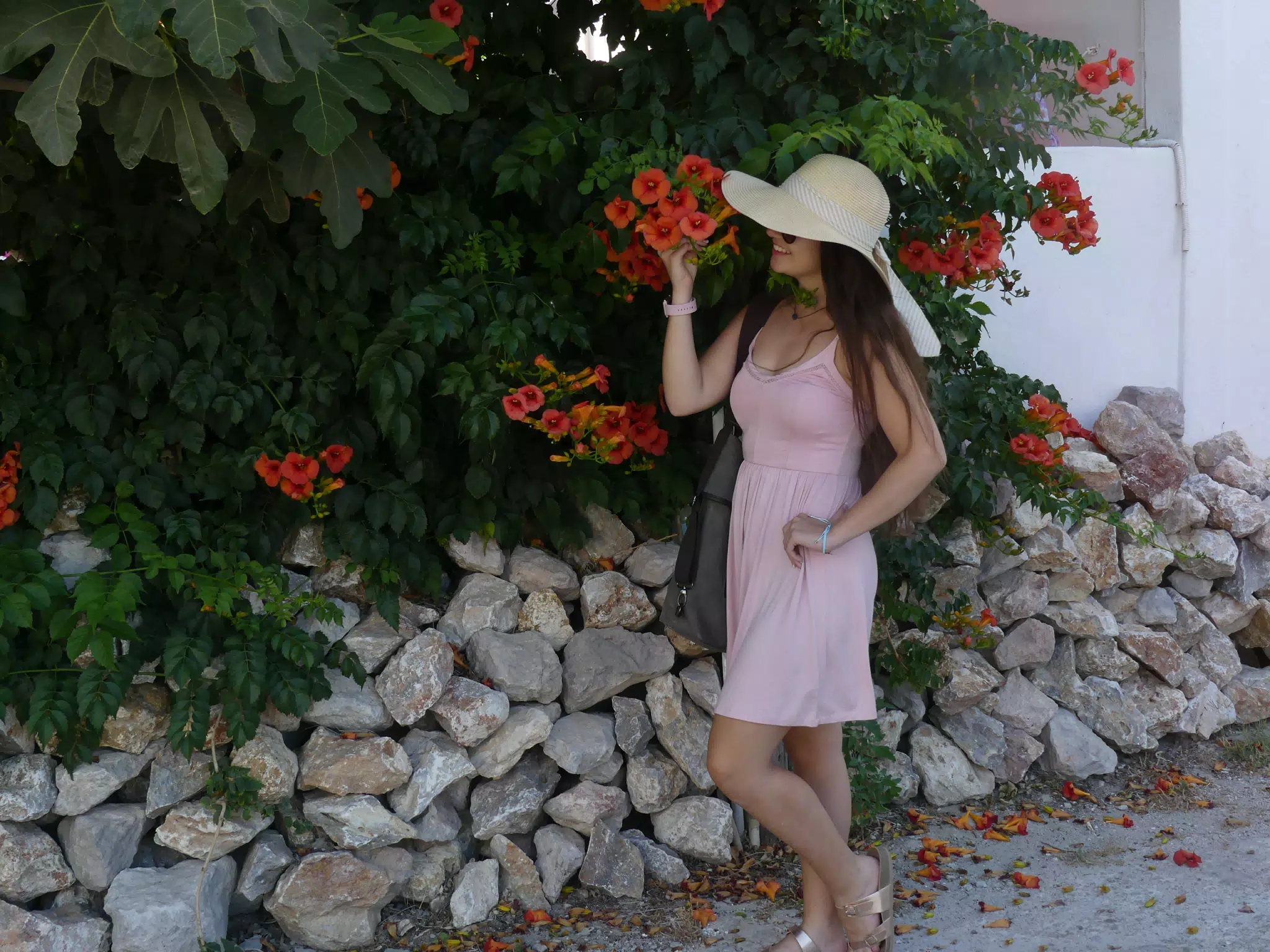 Emily with Red Flowers on Santorini