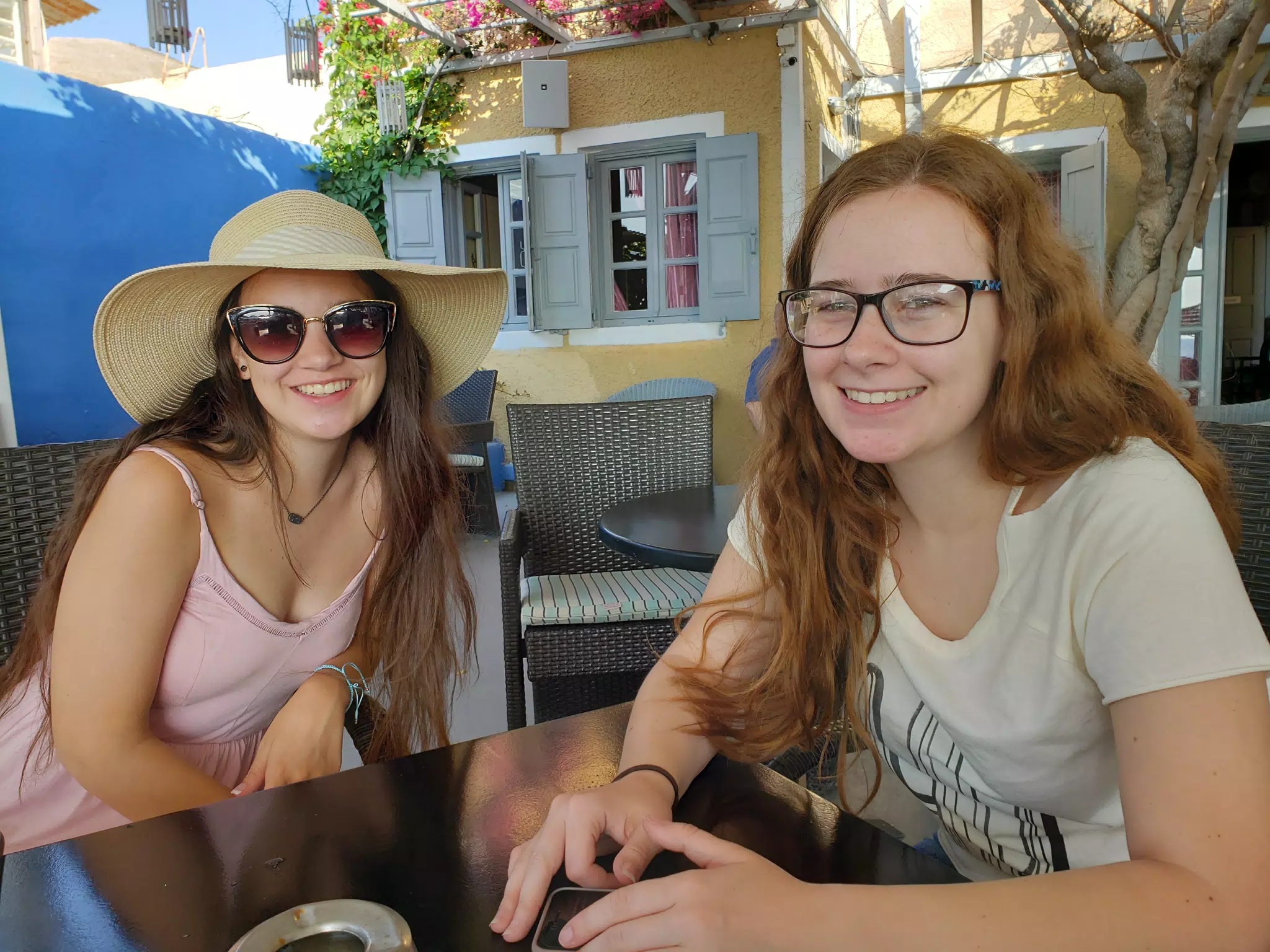 Emily and Madeline at Breakfast on Santorini