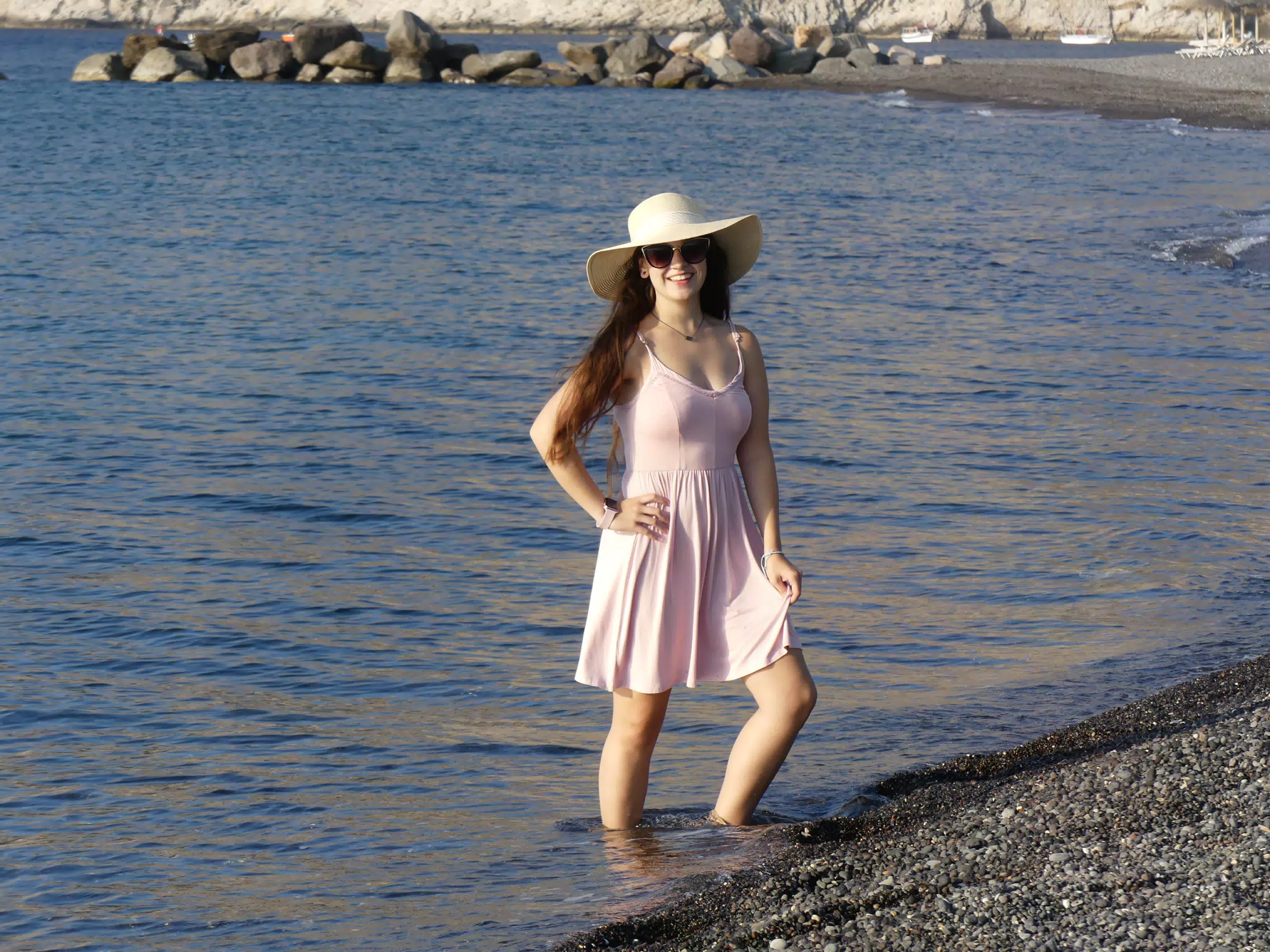 Emily on Beach on Santorini