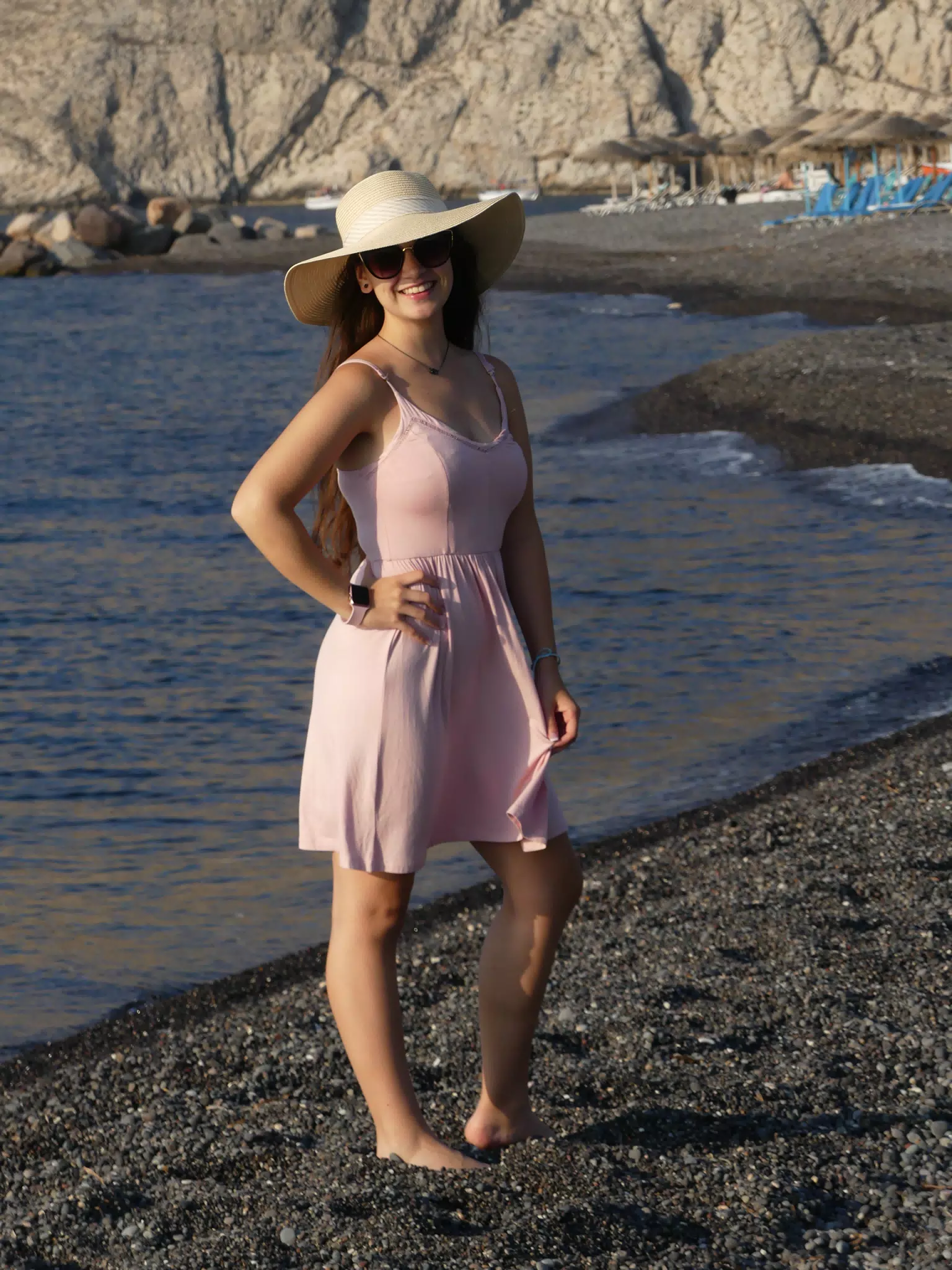 Emily on Kamari Beach, Santorini