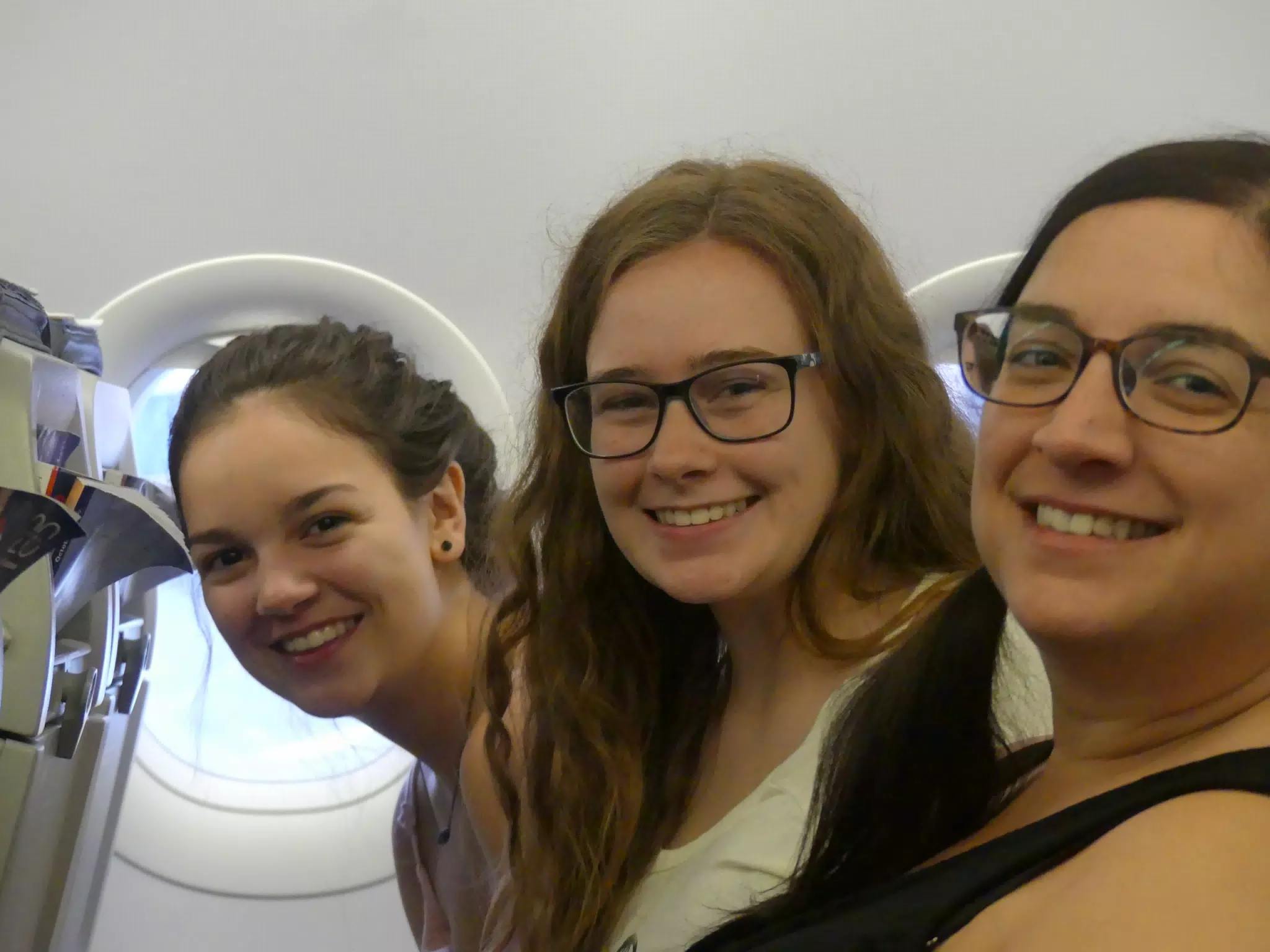Emily, Madeline & Dominica on the Flight to Santorini