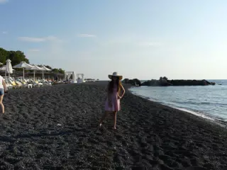 Emily in Sundress on Kamari Beach