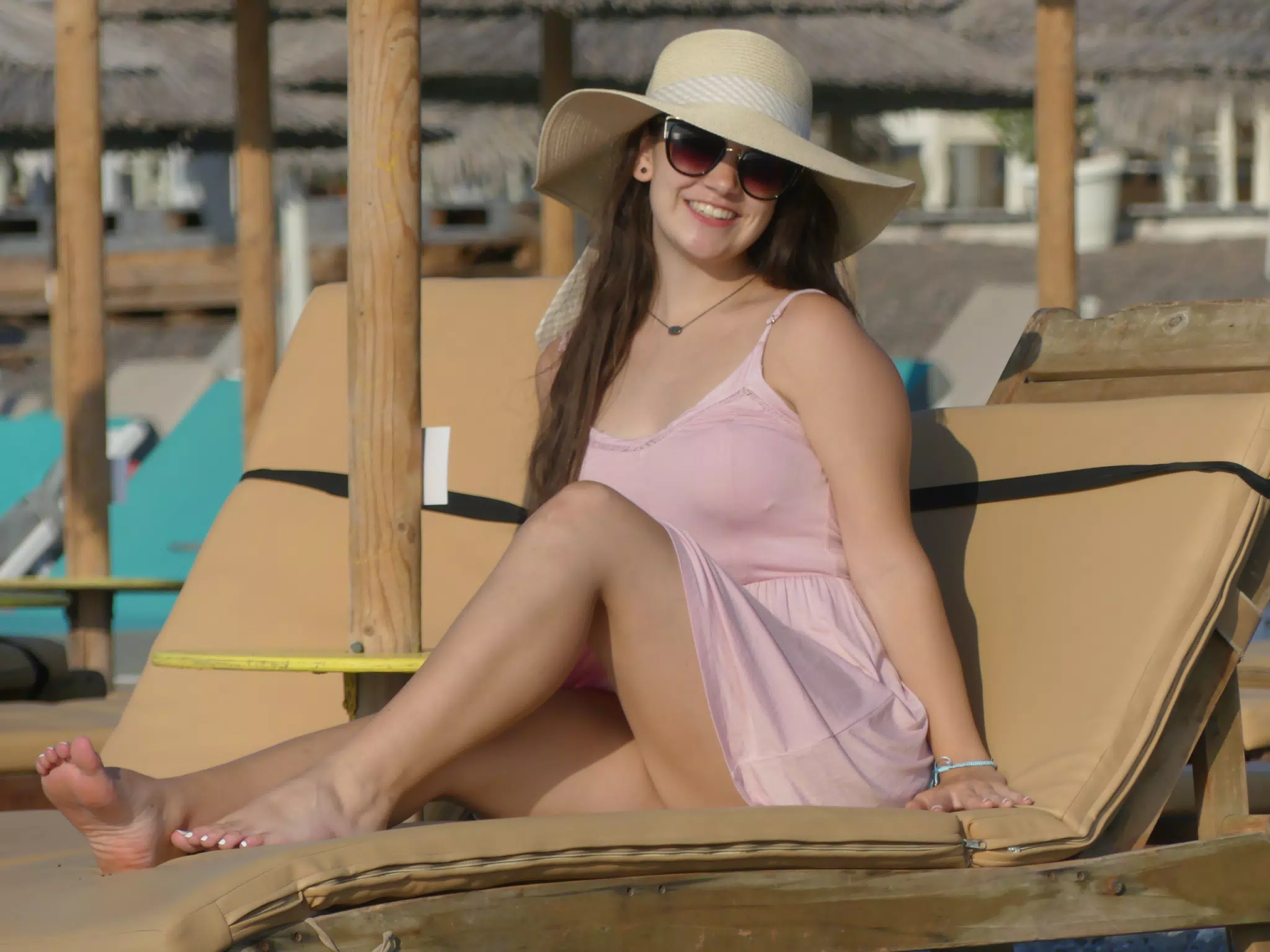 Emily on the Beach at Kamari on Santorini