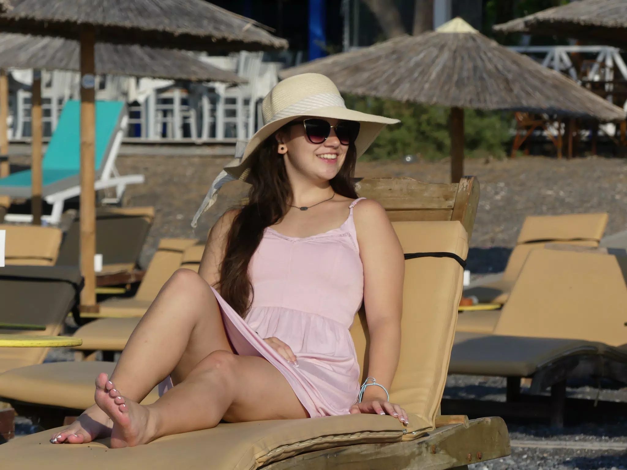 Emily Grice on Beach on Santorini