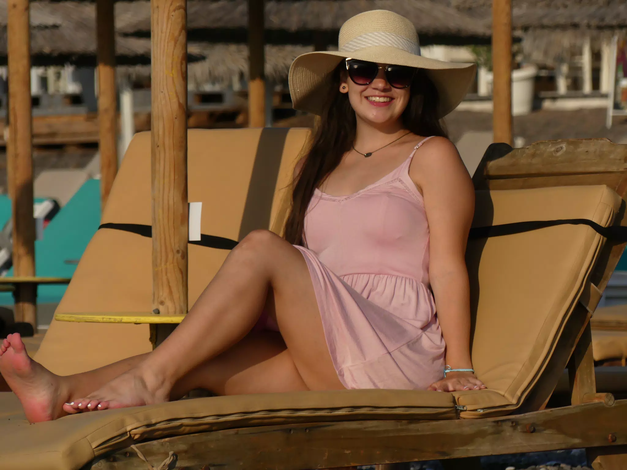 Emily in Sundress on Beach in Kamari Santorini