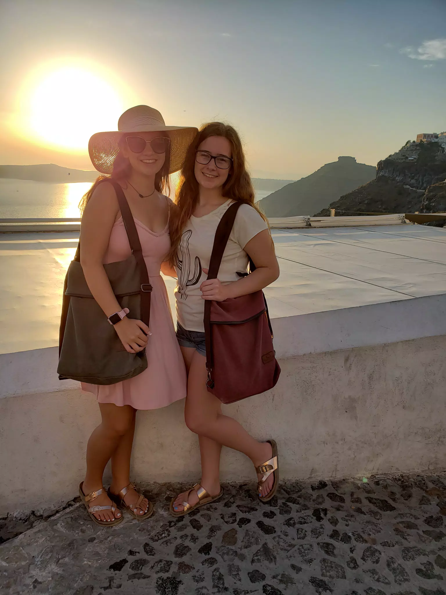 Emily and Madeline Sunset over Santorini from Thira