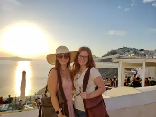 Emily and Madeline at Sunset on Santorini