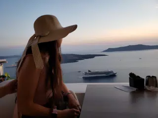 Girl Looking at Thira Sunset, Santorini