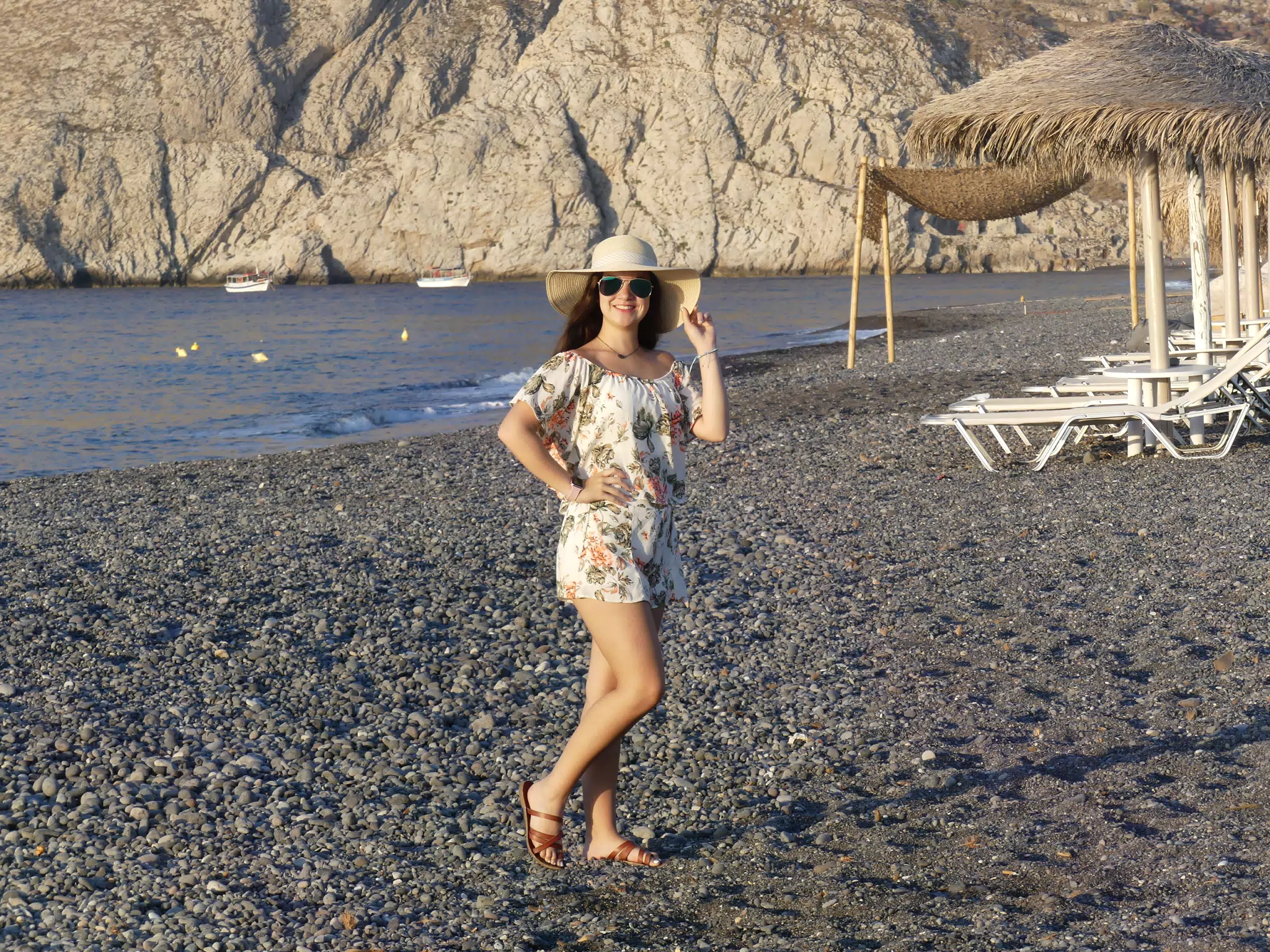Emily on the Beach in Shorts at Kamari, Santorini, Greece