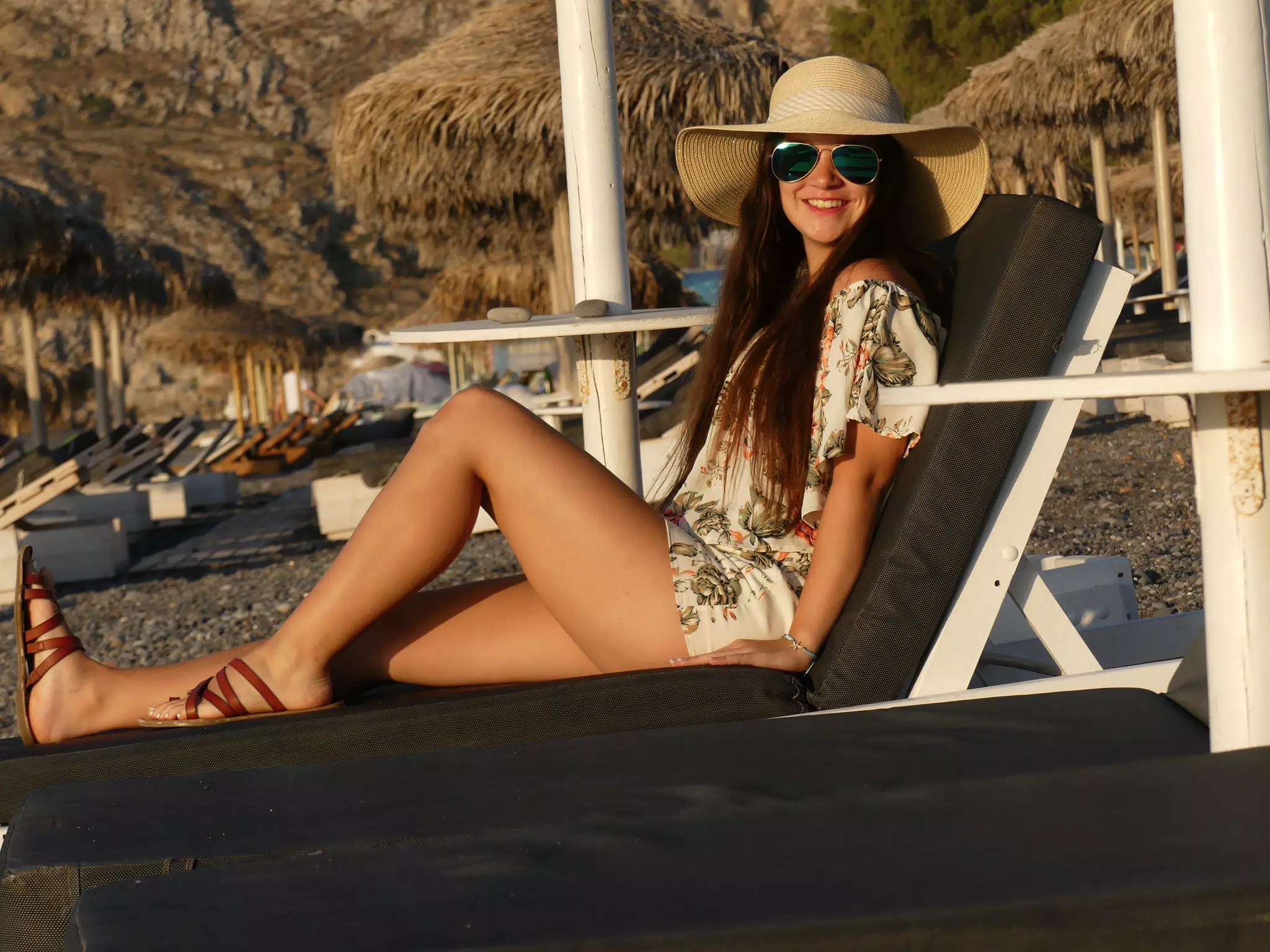 Emily Lounging on Beach Chair, Kamari, Santorini