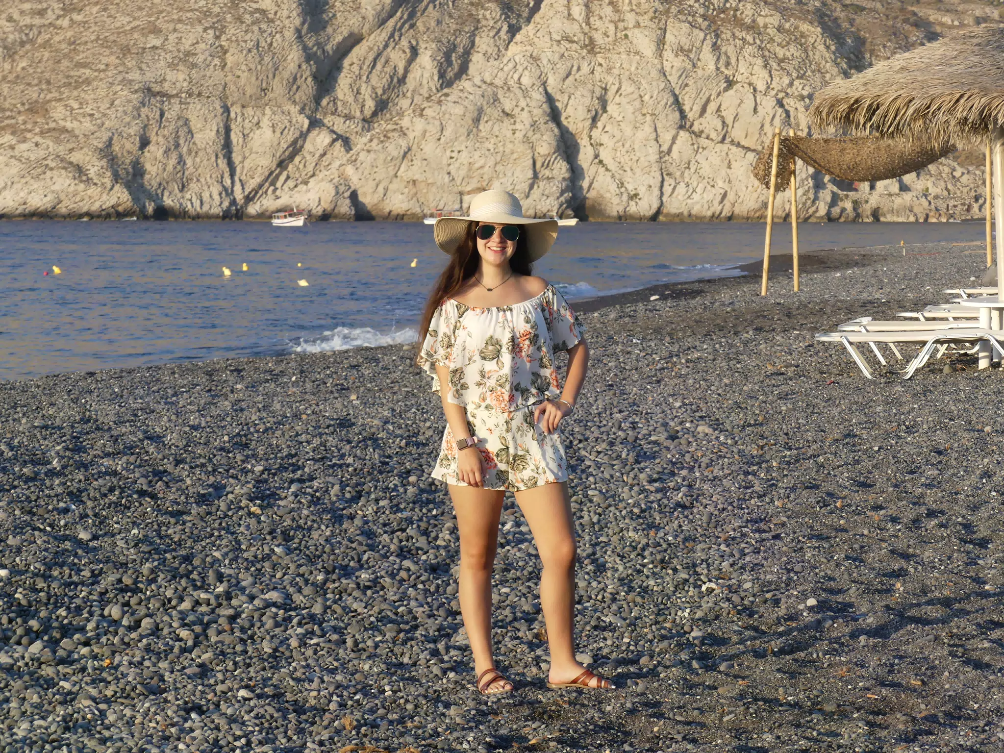 Emily Posing on Beach in Kamari, Santorini, Greece