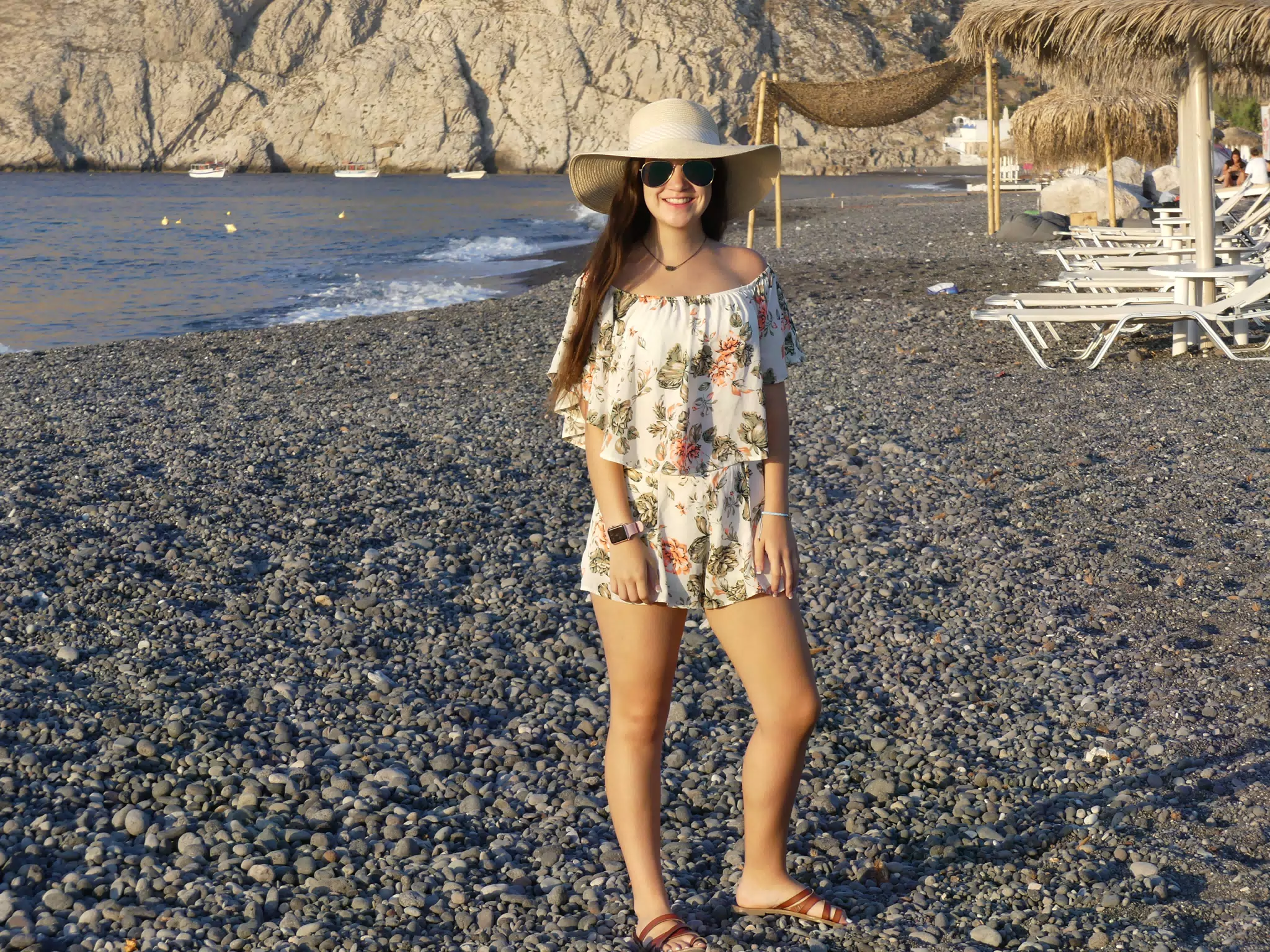 Emily Grice on the Beach at Kamari, Santorini