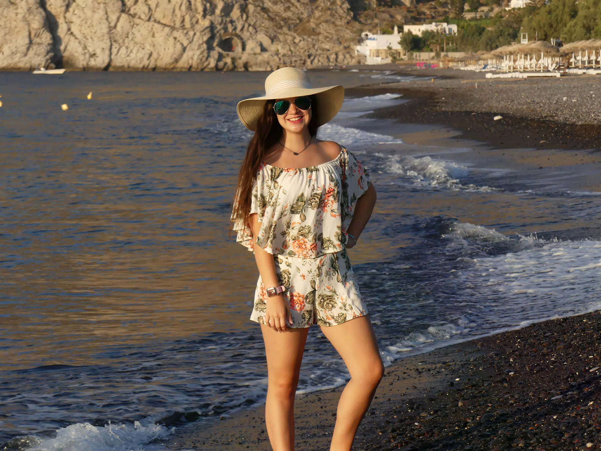 Emily in a Hat on the Beach at Kamari, Santorini