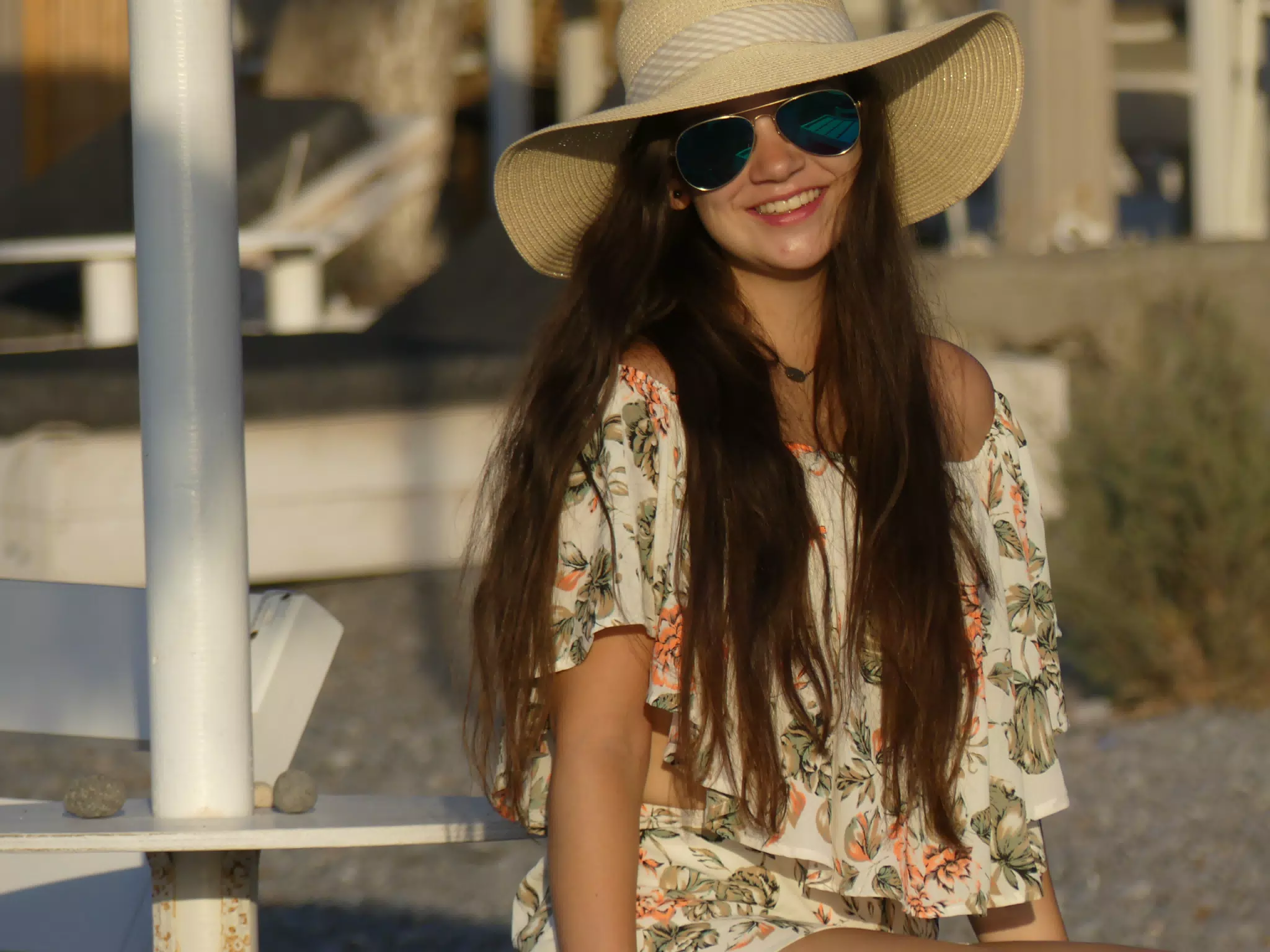 Emily in Hat on Santorini Beach