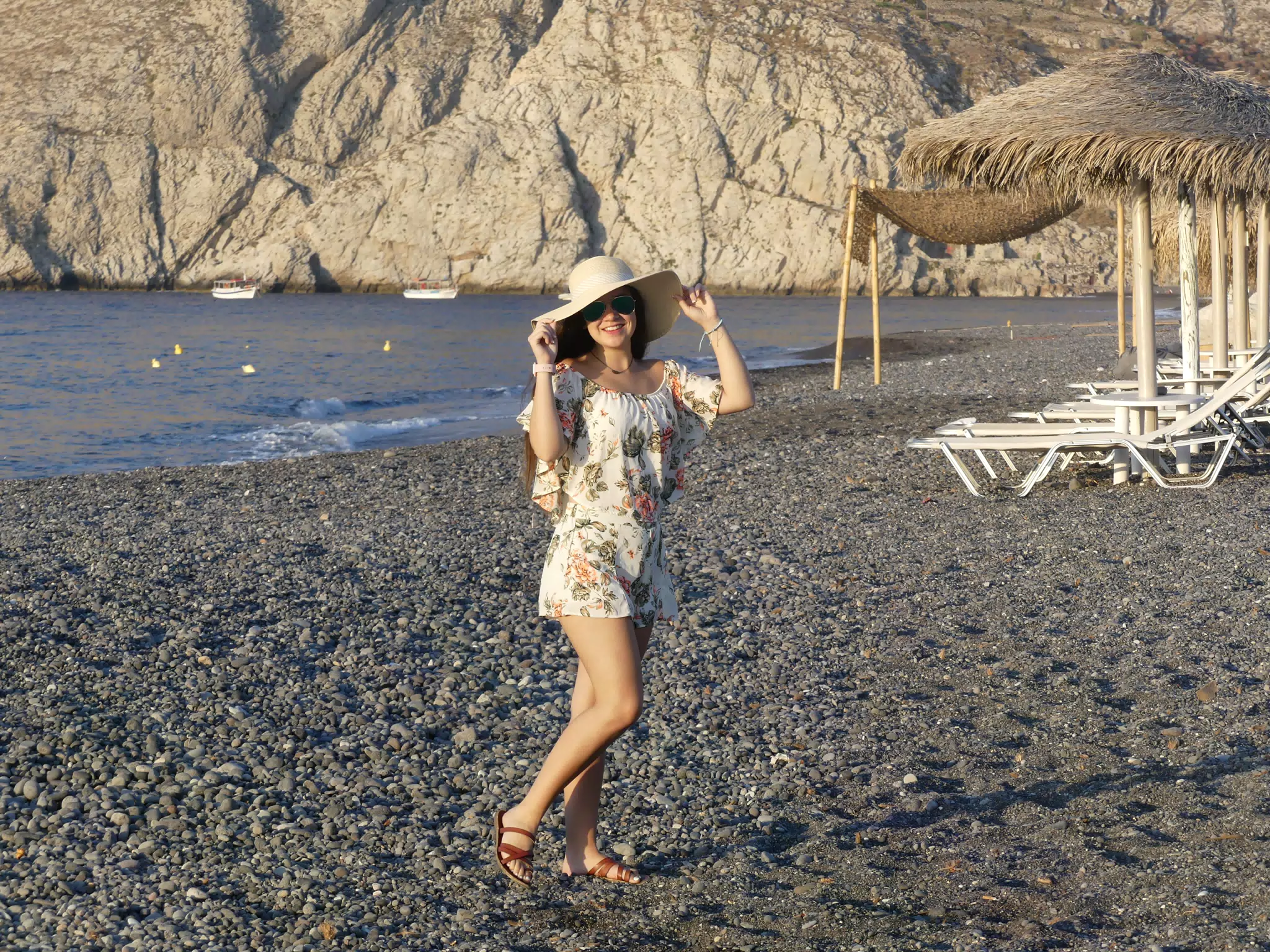 Emily on Beach at Kamari with Hat and Sunglasses