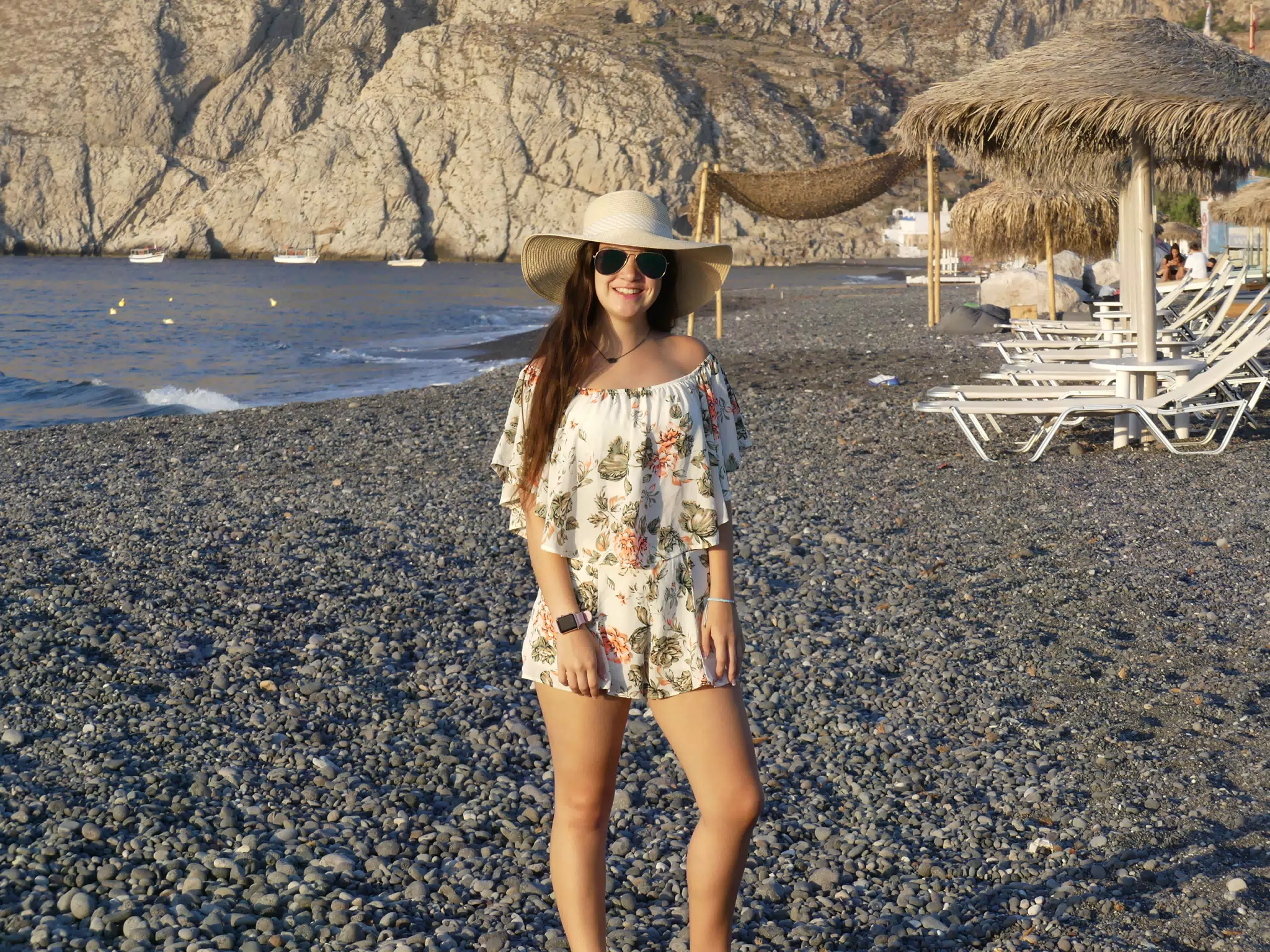 Emily Grice on the Beach at Kamari, Santorini, Greece