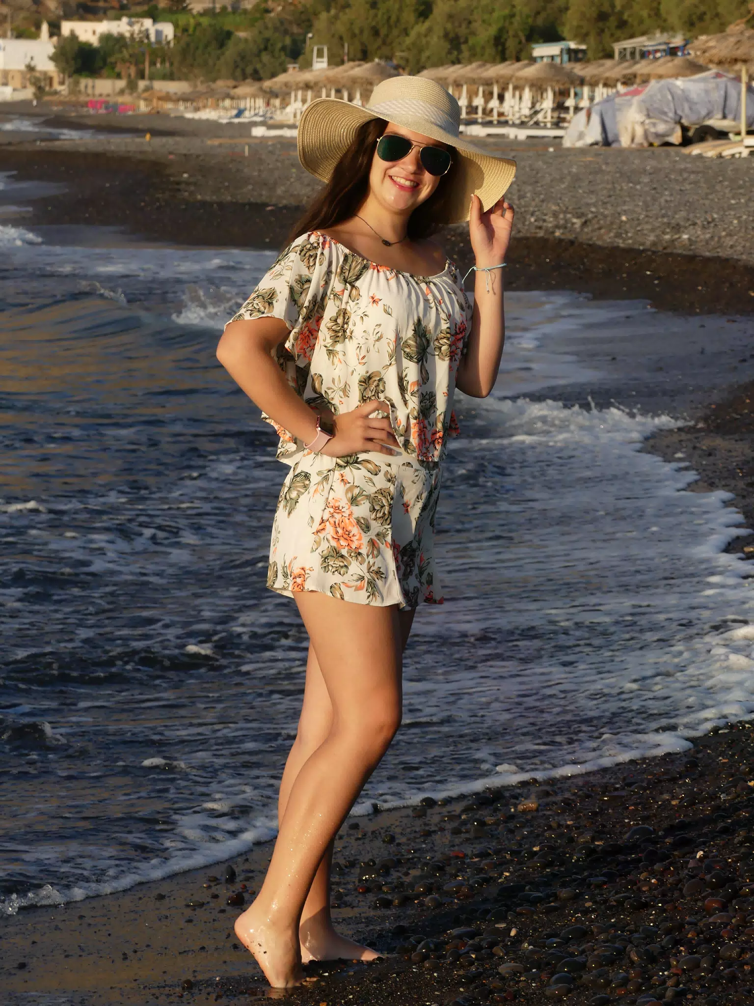 Emily Posing on Kamari Beach, Santorini