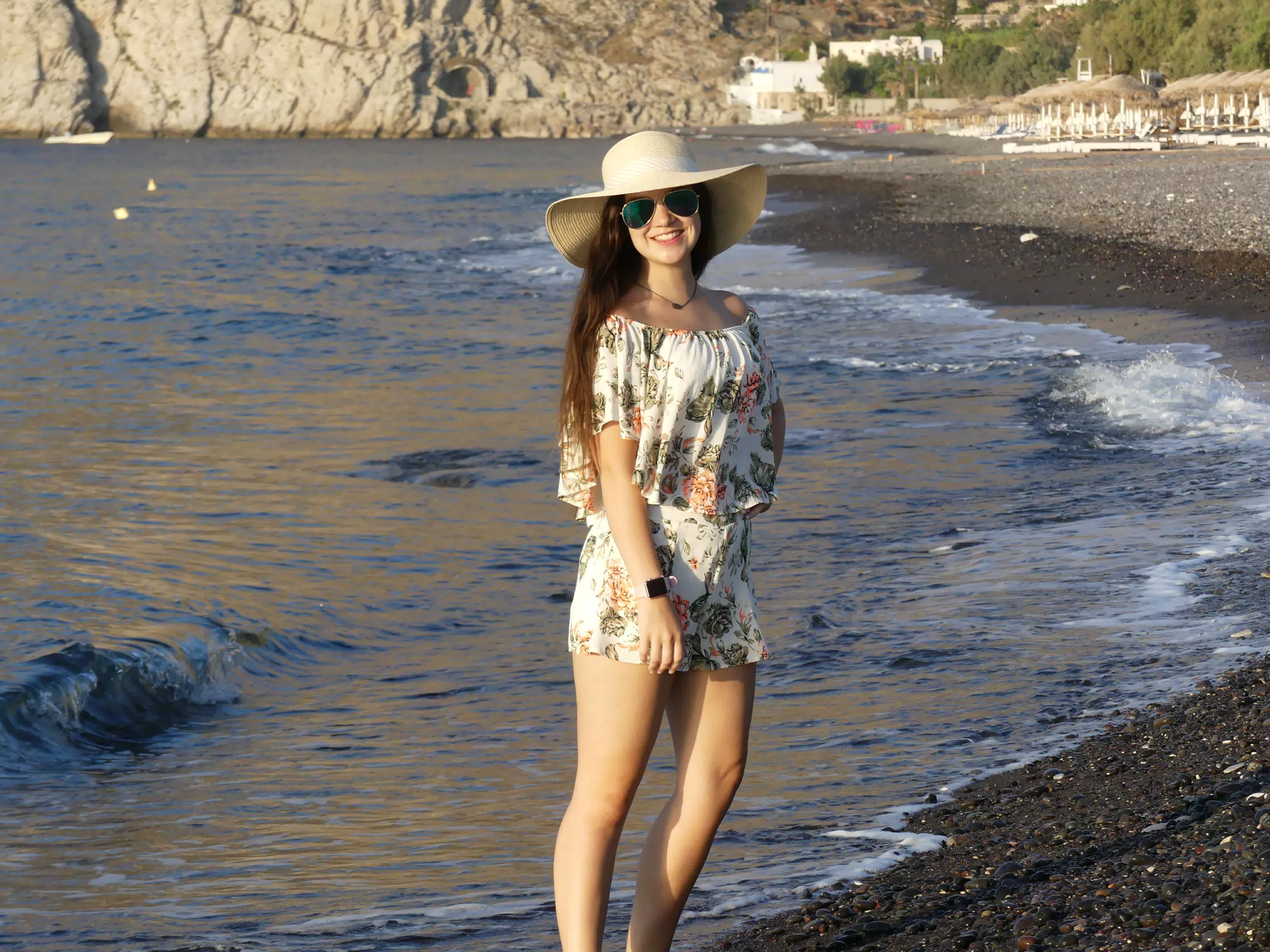 Emily in Hat on Kamari Beach, Santorini in the Water