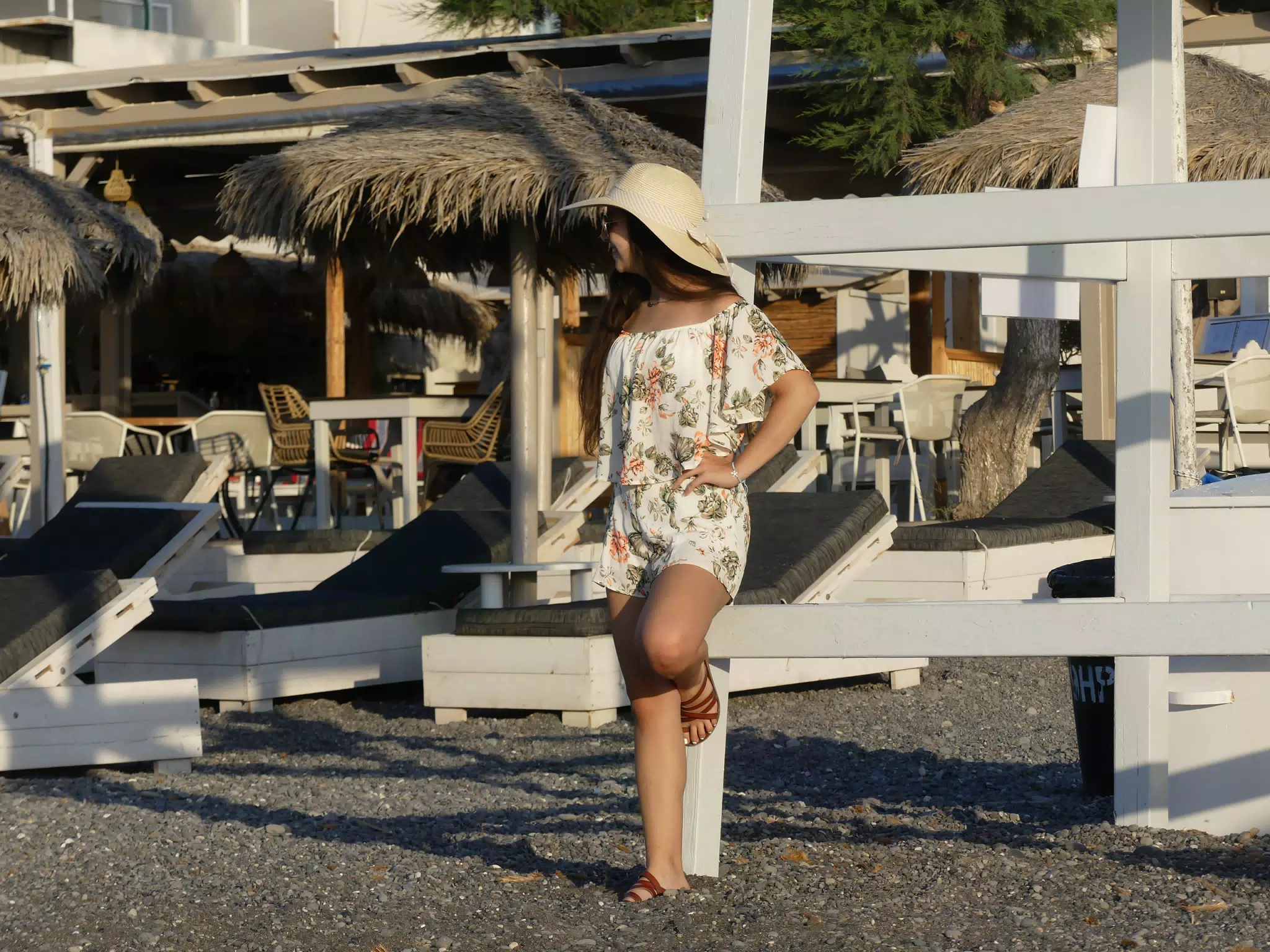 Emily Leaning on Lifeguard Station on Santorini