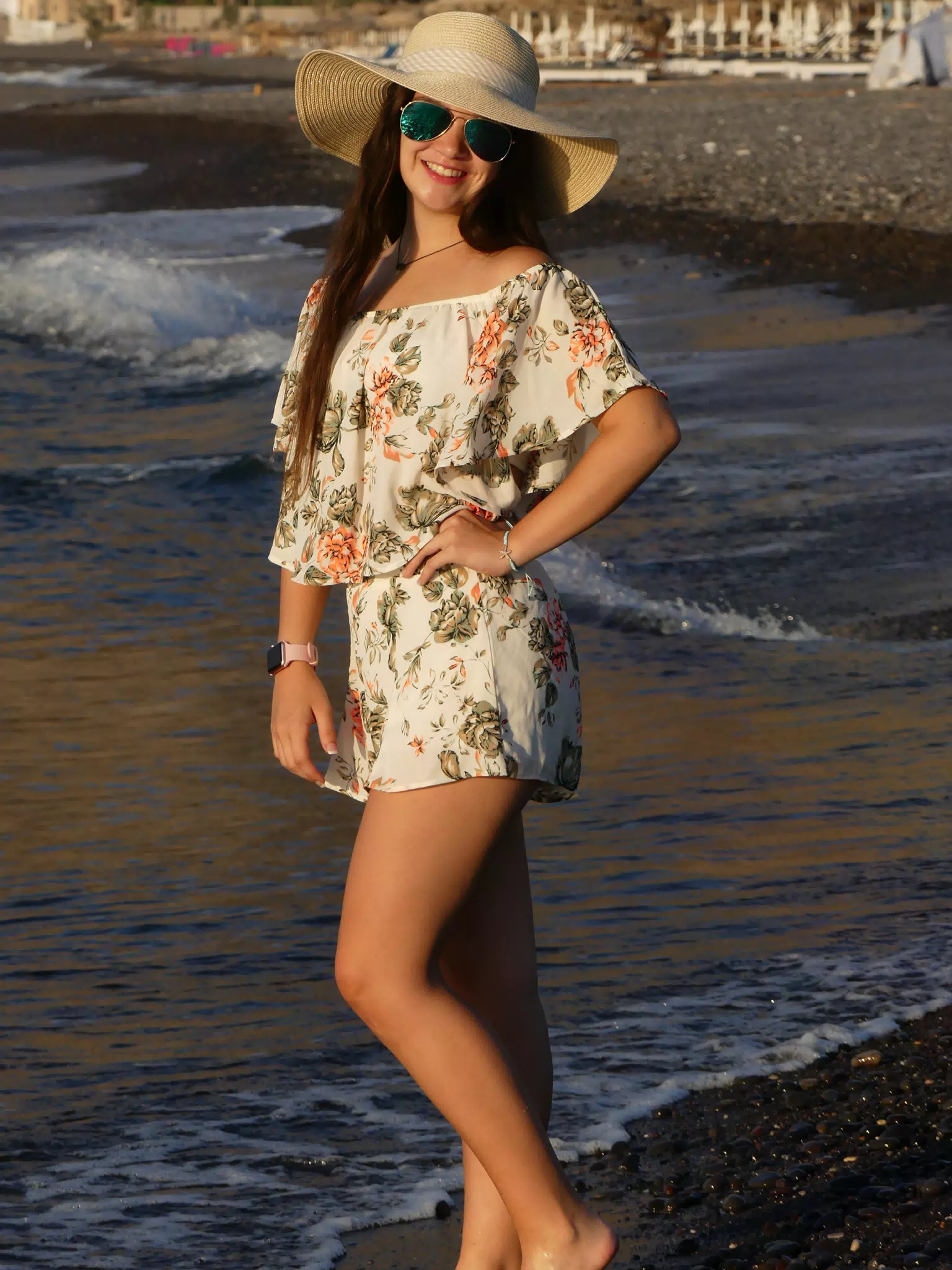 Emily on Beach in Hat on Santorini