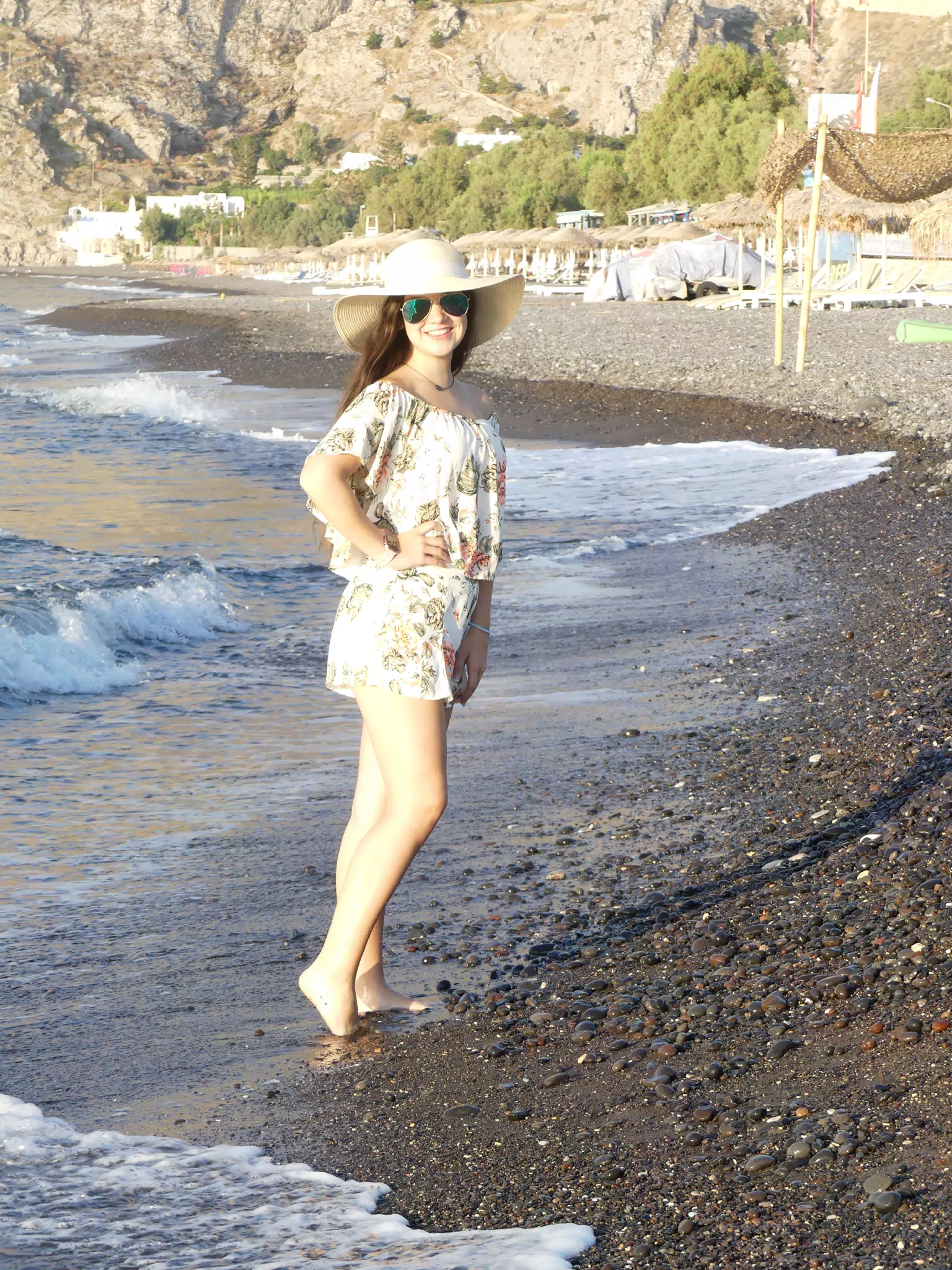 Emily Barefoot on Kamari Beach on Santorini