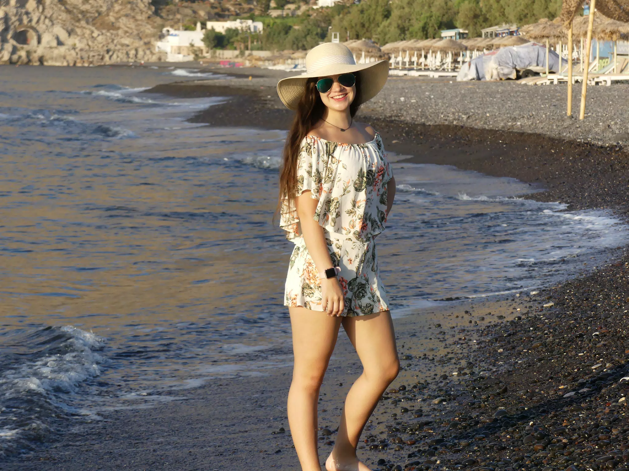 Emily in Hat on Kamari Beach on Santorini
