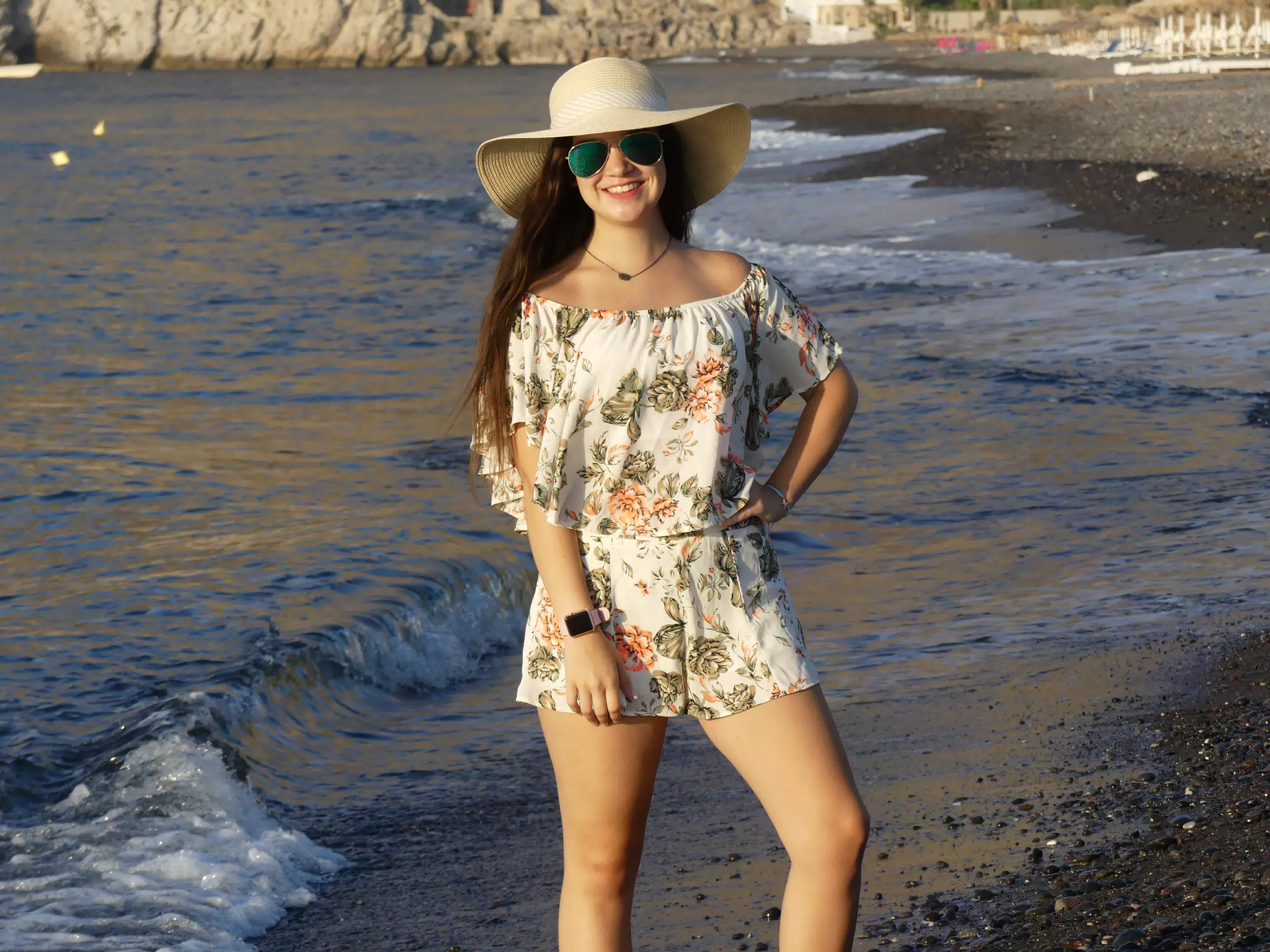 Emily on Kamari Beach on Santorini in the Water