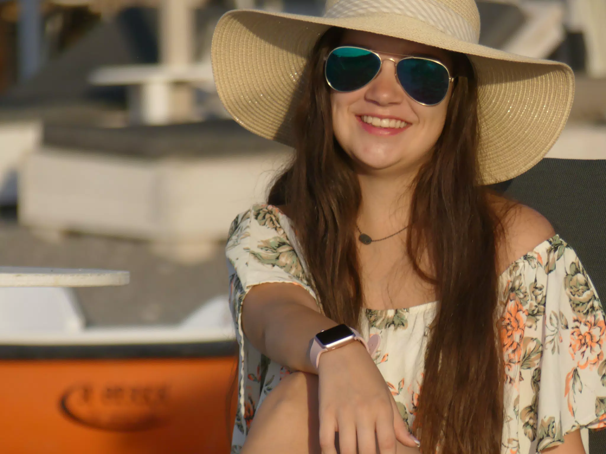 Emily in Hat and Sunglasses on Beach on Santorini