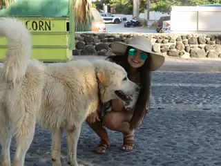 Girl Playing with Street Dog in Kamari