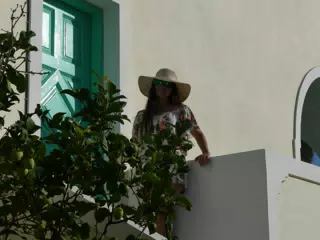 Emily at Our Apartment on Santorini