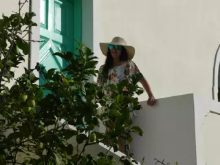 Emily at Our Apartment on Santorini